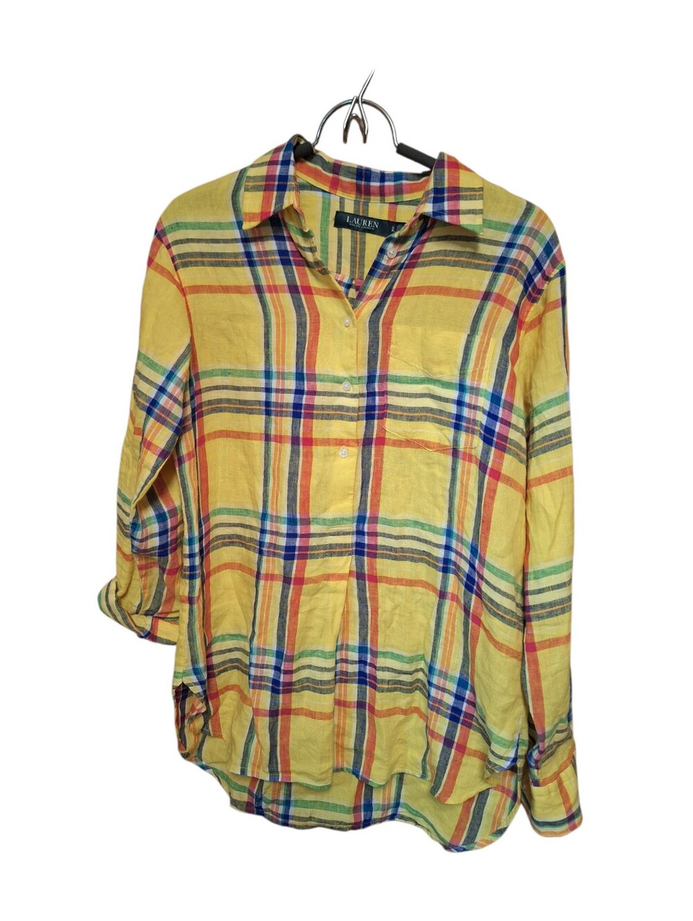 100% Linen Lauren Ralph SP Lauren Yellow Plaid Boyfriend Shirt Tunic Popover
